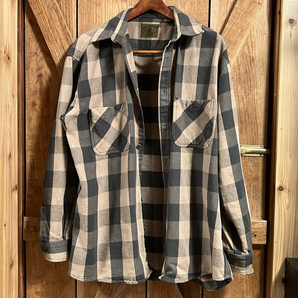Vintage St Johns Bay Button Up Flannel Shirt Olive Green Checkered Size LT Large